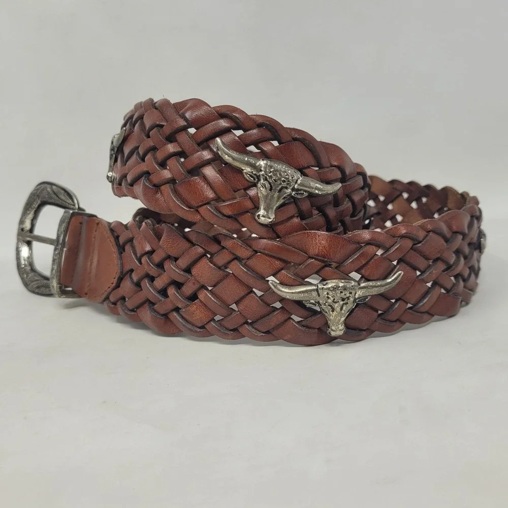 Brown Leather Belt Mens Large Western Cowboy Rodeo Bull Head Engraved Buckle